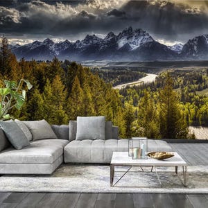 Carta da parati murale con fiume di montagna del Wyoming, carta da parati con paesaggio naturale, carta da parati con vista sulla natura selvaggia, opzione stacca e attacca, luce del sole sulla foresta