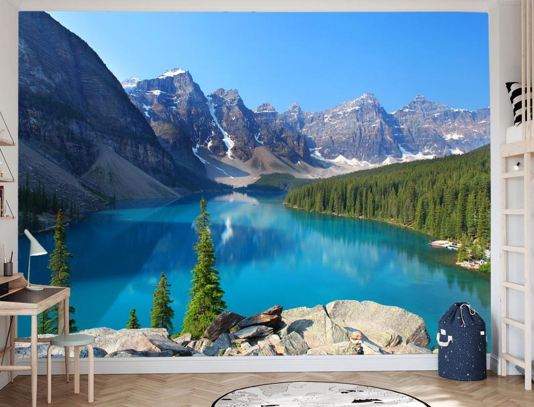 Mountain Lake Wall Mural, Nature Landscape Wallpaper, Vinyl Mural of ...