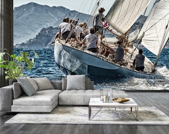 Yacht Sailing Wallpaper, Ocean Waves Wall Mural, Nautical Self Adhesive Wall Decor for Bedroom or Coastal Interior