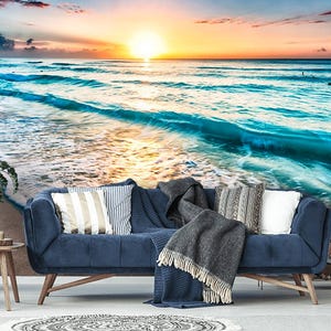 Tropischer Strand bei Sonnenuntergang Wandbild, Abnehmbare Tapete des Meeres, Meereswellen, selbstklebend Schälen und Aufkleben, Wanddekor