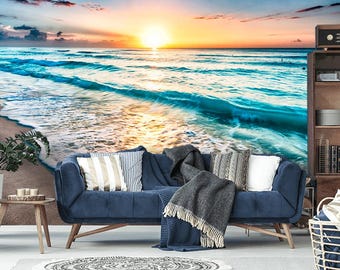 Tropical Beach Sea Sunset Wall Mural, Nautical Removable Wallpaper, Ocean Waves Adhesive Peel and Stick Wall Decor