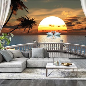 Bella vista dalla finestra con carta da parati murale al tramonto con cigni, decorazione per la decorazione della casa, carta da parati non tessuta o staccabile e attaccabile