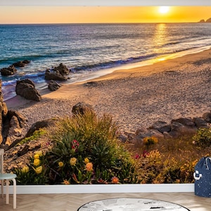 Carta da parati in vinile con tramonto sull'oceano, vista tranquilla sulla spiaggia, decorazione da parete sul mare, murale rimovibile con tramonto, murale da parete con tramonto sulla spiaggia