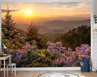 Sunset Mountain Wall Mural, Purple Flowers Landscape, Golden Hour Wallpaper, Nature View Wall Decor, Mountain Bloom Mural