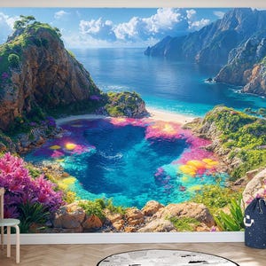 Tropical Lagoon 3D Wall Mural, Self-Adhesive Vinyl or Non-Woven Wallpaper, Scenic Ocean Landscape with Mountains Flowers, Nature Wall Decor