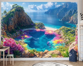 Tropical Lagoon 3D Wall Mural, Self-Adhesive Vinyl or Non-Woven Wallpaper, Scenic Ocean Landscape with Mountains Flowers, Nature Wall Decor