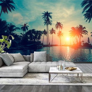 Tropical Paradise Wall Art, Exotic Sunset Wallpaper, Tropical Sunset Wall Mural, Palm Tree Beach peel stick, Sunset by the Pool Mural