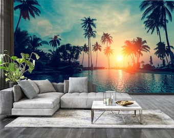 Tropical Paradise Wall Art, Exotic Sunset Wallpaper, Tropical Sunset Wall Mural, Palm Tree Beach peel stick, Sunset by the Pool Mural