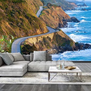 Carta da parati Big Sur Coast, murale di viaggio rimovibile, carta da parati Ocean Cliff Road, carta da parati staccabile e adesiva, carta da parati panoramica sull'oceano