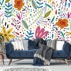 Floral Pattern Botanical Wallpaper Design, Peel and Stick Wallpaper Mural, Abstract Removable Traditional Wallpaper, Self Adhesive