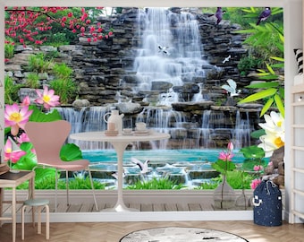 Waterfall Plum Blossom Lotus Bamboo wall murals decor, Landscape Living Room Bedroom Peel and stick wallpaper, Vinyl photo wallpaper