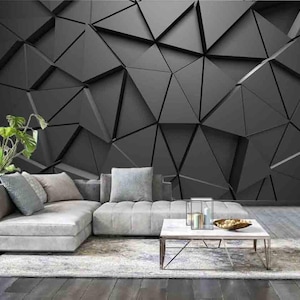 Schwarze 3D-Tapete Abstrakte Tapete, Dreieck-Poligon-Muster Metallic Hintergrund-Wand-Kunst-Wandbild, moderne abziehbare Tapete