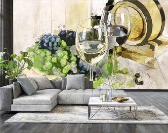 Rustic Wine Wallpaper, Vineyard Wall Mural, Kitchen Decor, Peel Stick Wallpaper, Winery Art