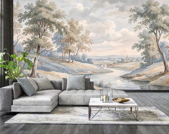 Pastel Landscape Wallpaper, Nursery Wall Mural, Nature Scene Decor, Peel Stick Wallpaper