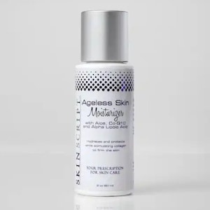 May include: A white bottle of Ageless Skin Moisturizer with a silver cap. The label features black polka dots and the text "SKINSCRIPT", "Ageless Skin Moisturizer", "with Aloe, Co Q10 and Alpha Lipoic Acid", "Hydrates and protects while stimulating collagen to firm the skin", "TOUR PRESCRIPTION FOR SKIN CARE", and "2 fl oz (59 ml)".