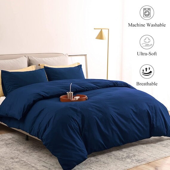 Washed Cotton Duvet Cover Set With Matching Pillow Cases, Blue Cotton