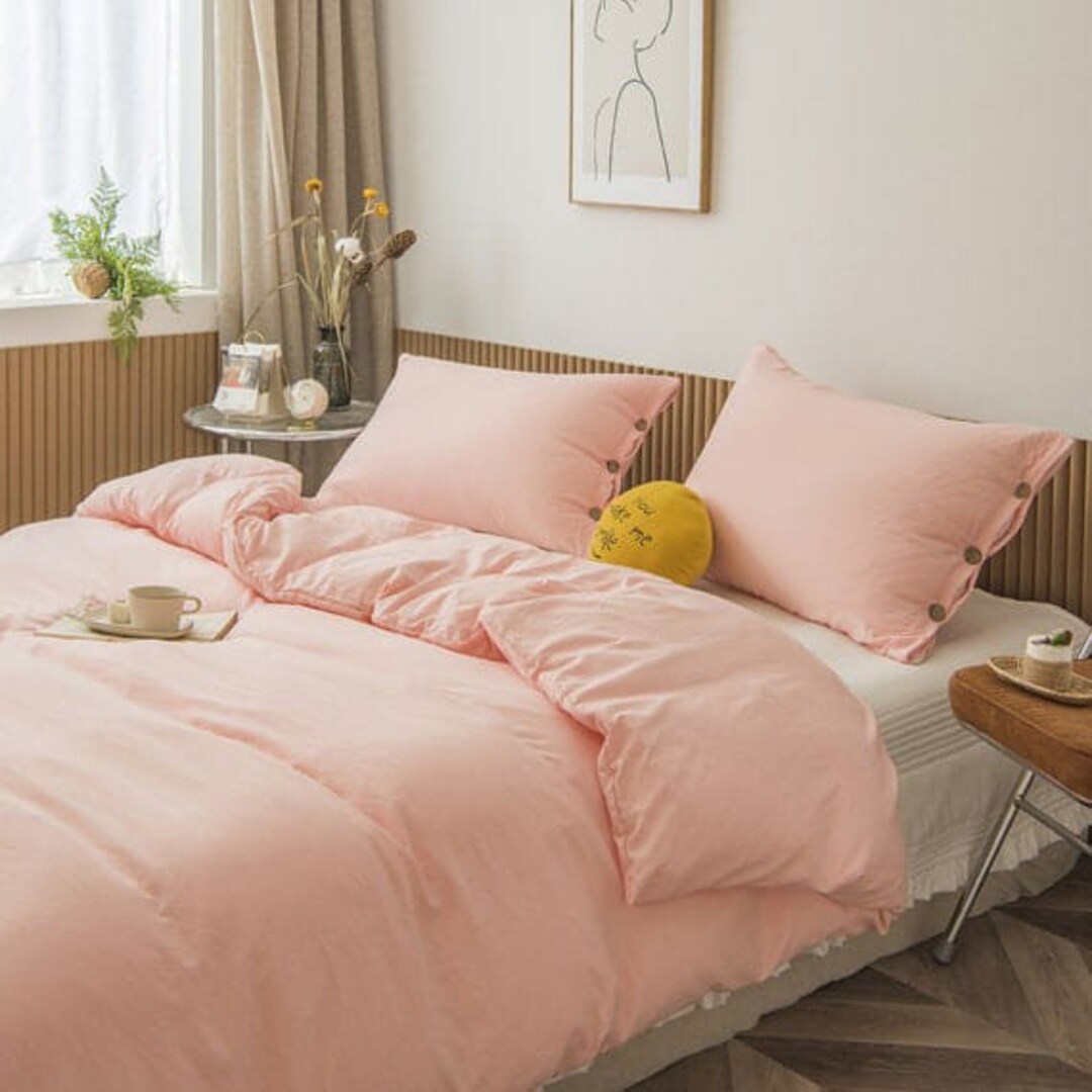 Pink Duvet Cover Solid Color Bedding Set With Buttons Closure King