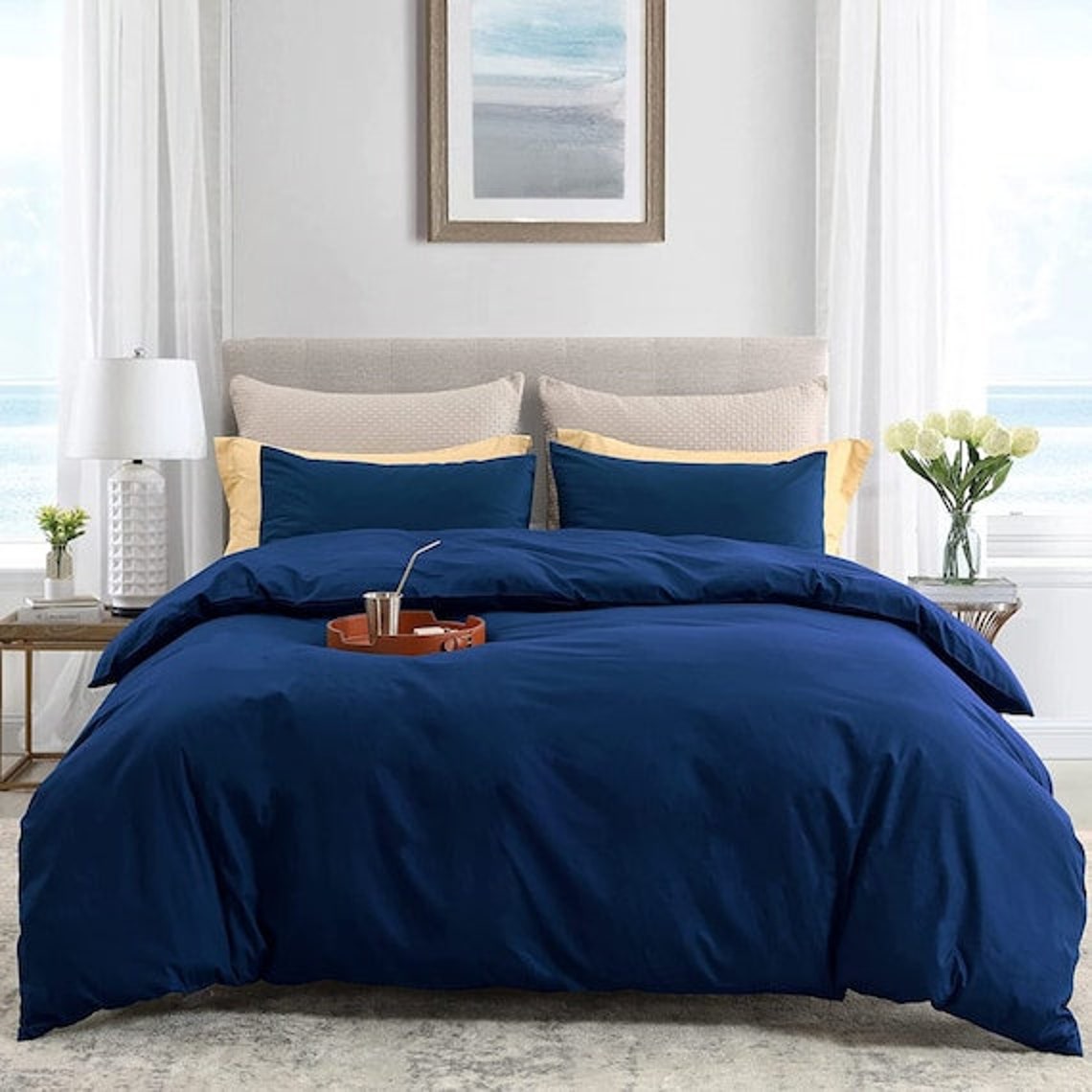 Washed Cotton Duvet Cover Set With Matching Pillow Cases, Blue Cotton