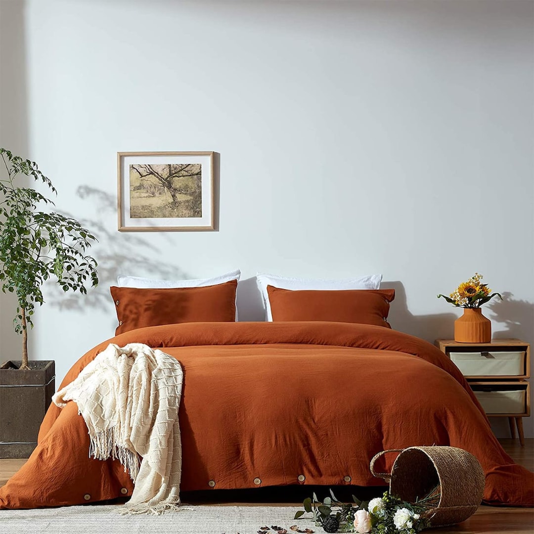 Rust Orange Cotton Duvet Cover, Orange Duvet Cover Softened Quilt Cover
