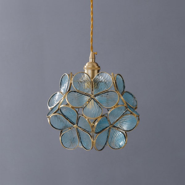 Beau luminaire suspendu Kelly Flower en verre turquoise - Cadeaux pour elle - Cadeaux pour réchauffer la maison - Plafonnier suspendu fleurs bleues