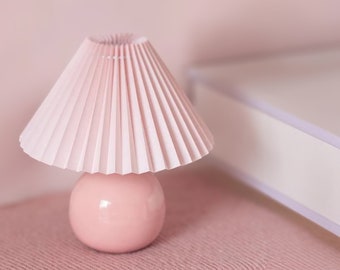 Adorable Bubble Gum Pink Ceramic Lamp - Cute Nordic Round Pleated Shade Lamp, Perfect Living Room, Bedroom or Kitchen Decor