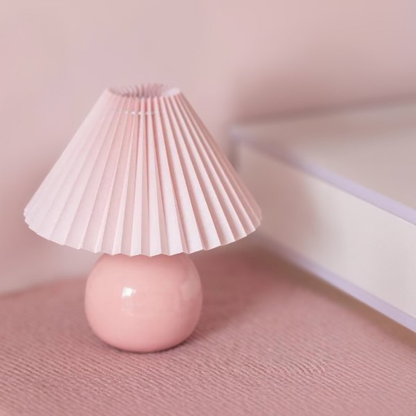 Adorable Bubble Gum Pink Ceramic Lamp - Cute Nordic Round Pleated Shade Lamp, Perfect Living Room, Bedroom or Kitchen Decor