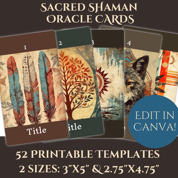 Sacred Shaman Printable Oracle Card Deck, Modèle Canva modifiable, Modèle de cartes Oracle, Utilisation commerciale, Tribal, Mystique, Carte d’affirmation