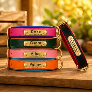 Collar de cuero personalizado para perros, collar ajustable y acolchado suave para perros, placa con nombre grabada, regalo personalizado para mascotas