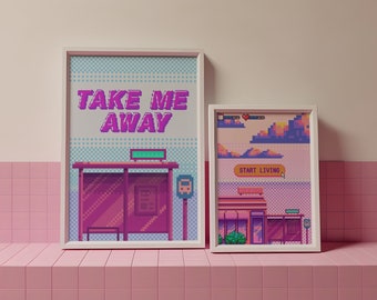 Retro Pixel Art Prints: Pink Aesthetic, Vaporwave, Game Room (Digital Download)