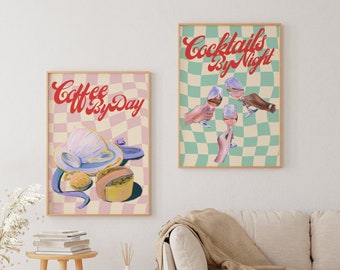 Retro Diner Art Print Set: Vintage Checkerboard, Barcart Decor
