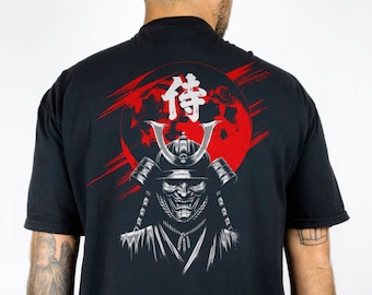 May include: Black t-shirt with a red and white graphic of a samurai warrior wearing a helmet and holding a sword. The graphic also includes a red circle with the Japanese character for "duty" in white.
