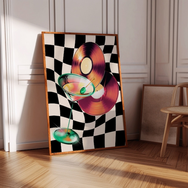 Barcart Decor Martini Cocktail Poster Vintage Checkerboard Pattern Saturday Night Fever Household Artwork Studio Apartment Decor Weirdcore