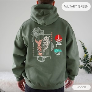 Japanese Oni Dragon Graphic Tee: Street Style T-Shirt or Hoodie Military Green