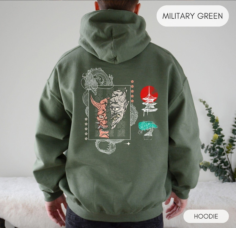 Japanese Oni Dragon Graphic Tee: Street Style T-Shirt or Hoodie Military Green