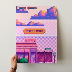 May include: Pixel art style poster with a pink and purple background. The poster features a building with a sign that says "Start Living". There is a pixelated bus stop and a small tree in front of the building.
