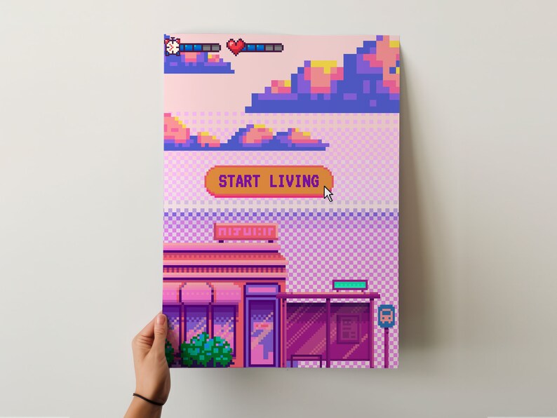 May include: Pixel art style poster with a pink and purple background. The poster features a building with a sign that says "Start Living". There is a pixelated bus stop and a small tree in front of the building.
