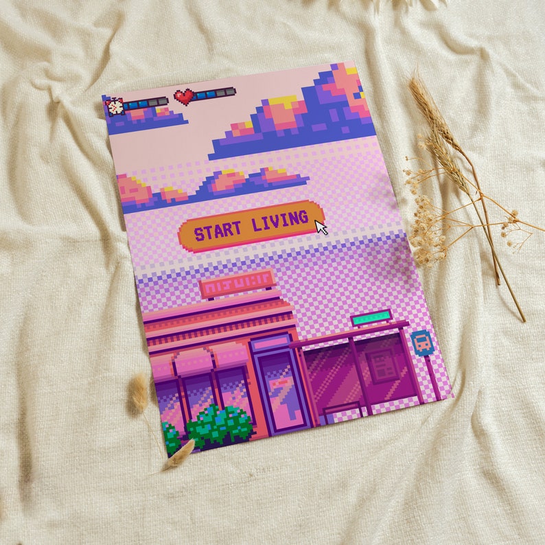 May include: Pixel art illustration of a pink and purple cityscape with a building that says "Start Living" and a store called "Mitsuki" with a pink awning. The illustration has a retro video game aesthetic.