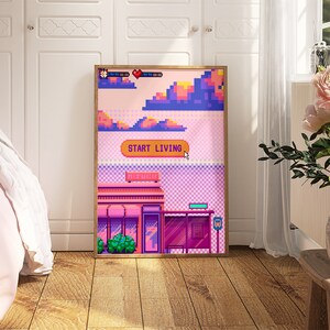 K&ouml;nnte beinhalten: Ein Pixel-Kunstdruck einer Stadtlandschaft mit einem rosa und violetten Himmel. Der Druck zeigt ein Geb&auml;ude mit einem Schild, auf dem "Start Living" steht.