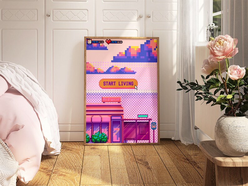 K&ouml;nnte beinhalten: Ein Pixel-Kunstdruck einer Stadtlandschaft mit einem rosa und violetten Himmel. Der Druck zeigt ein Geb&auml;ude mit einem Schild, auf dem "Start Living" steht.
