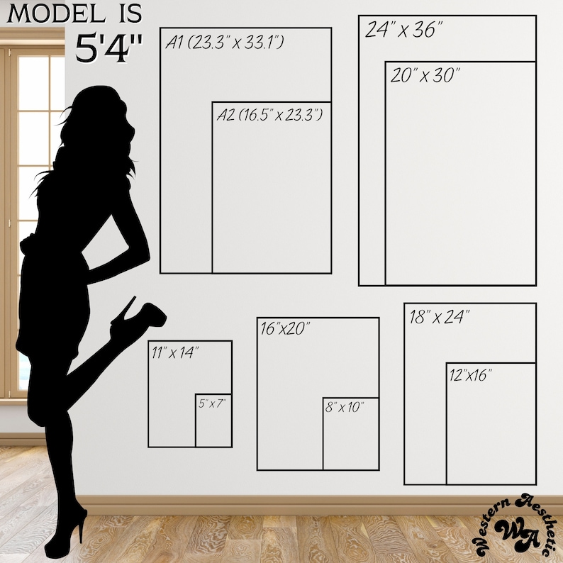 May include: A silhouette of a person standing next to a white wall with various sizes of rectangular frames. The frames are labeled with measurements in inches. The text "MODEL IS 5'4" is at the top of the image.