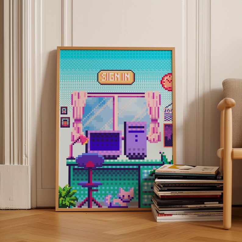 Puede incluir: Impresi&oacute;n de arte pixelado de un escritorio de computadora con una computadora, una silla, una l&aacute;mpara, un gato y una ventana. El texto "SIGN IN" est&aacute; en la pared sobre la computadora.
