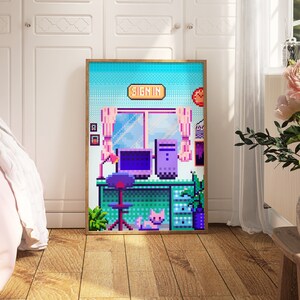 Puede incluir: Una impresi&oacute;n de arte pixelada de un escritorio de computadora con una computadora, una l&aacute;mpara, una silla y un gato. La impresi&oacute;n est&aacute; enmarcada en un marco de madera claro y tiene un fondo azul con la palabra "SIGN IN" en un cuadro amarillo.