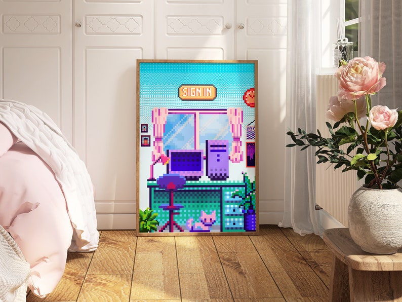 Puede incluir: Una impresi&oacute;n de arte pixelada de un escritorio de computadora con una computadora, una l&aacute;mpara, una silla y un gato. La impresi&oacute;n est&aacute; enmarcada en un marco de madera claro y tiene un fondo azul con la palabra "SIGN IN" en un cuadro amarillo.