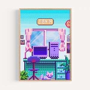 Puede incluir: Ilustraci&oacute;n de arte de p&iacute;xeles de un escritorio de computadora con una computadora de escritorio, una silla, una l&aacute;mpara, un gato y plantas. El escritorio est&aacute; frente a una ventana con cortinas. El texto "SIGN IN" est&aacute; en un letrero sobre la computadora.