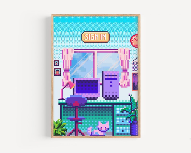 Puede incluir: Ilustraci&oacute;n de arte de p&iacute;xeles de un escritorio de computadora con una computadora de escritorio, una silla, una l&aacute;mpara, un gato y plantas. El escritorio est&aacute; frente a una ventana con cortinas. El texto "SIGN IN" est&aacute; en un letrero sobre la computadora.