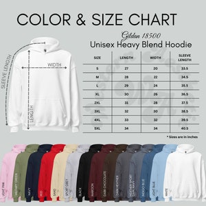 May include: A size chart for a Gildan 18500 Unisex Heavy Blend Hoodie. The chart shows the size, length, width, and sleeve length in inches. The hoodie is available in 15 colors: light pink, military green, navy, red, sand, sport grey, black, maroon, dark chocolate, dark heather, heather sport, dark navy, indigo blue, light blue, and white.