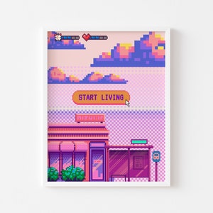 May include: Pixel art print of a pink and purple cityscape with a building that says "NIZUKI" and a bus stop. The sky is pink and blue with clouds. The text "START LIVING" is on a yellow button with a mouse cursor hovering over it.