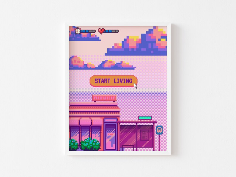 May include: Pixel art print of a pink and purple cityscape with a building that says "NIZUKI" and a bus stop. The sky is pink and blue with clouds. The text "START LIVING" is on a yellow button with a mouse cursor hovering over it.