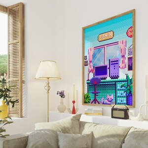 Puede incluir: Una impresi&oacute;n de arte pixelada de un escritorio de computadora con un monitor, teclado y rat&oacute;n. El escritorio est&aacute; en una habitaci&oacute;n con una ventana y un gato sentado en el suelo. La impresi&oacute;n tiene un esquema de color azul, verde y rosa y dice "Sign In" en la parte superior.