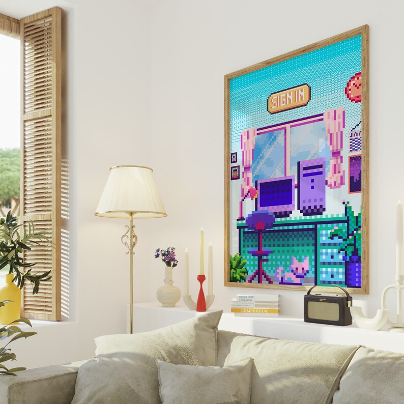 Puede incluir: Una impresi&oacute;n de arte pixelada de un escritorio de computadora con un monitor, teclado y rat&oacute;n. El escritorio est&aacute; en una habitaci&oacute;n con una ventana y un gato sentado en el suelo. La impresi&oacute;n tiene un esquema de color azul, verde y rosa y dice "Sign In" en la parte superior.